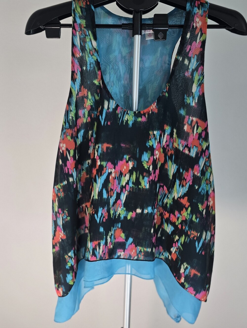 Xhilaration Black Multicolor Floral Layered Tank with Turquoise Underlayer. XL
